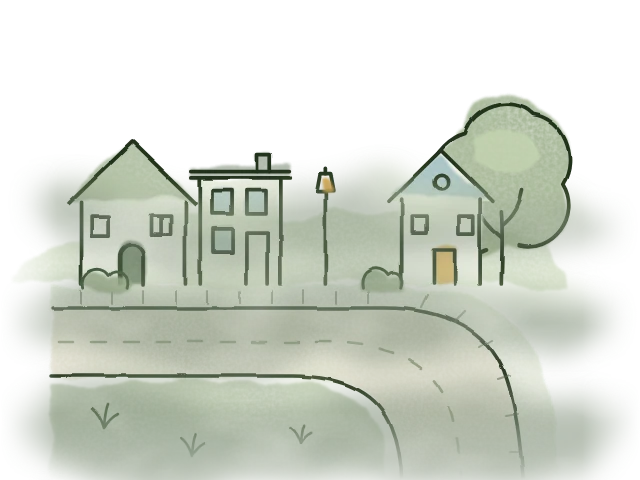 A street corner half hidden in soft green mist.